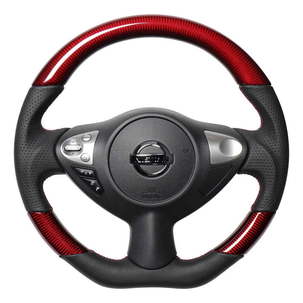 REAL ORIGINAL SERIES D SHAPE RED CARBON RED X BLACK EURO STITCH STEERING WHEEL FOR NISSAN FAIRLADY Z Z34 NSB-RDC-RD
