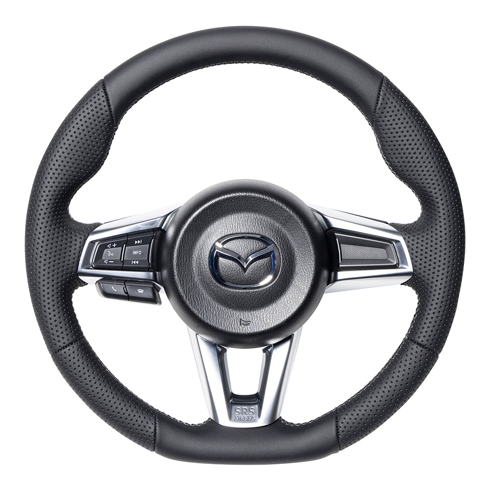 REAL ORIGINAL SERIES SMALL DIAMETER GUN GRIP D SHAPE ALL LEATHER SILVER X BLACK EURO STITCH STEERING WHEEL FOR MAZDA ROADSTER ND5RC ND5RE MZC-LPB-SL