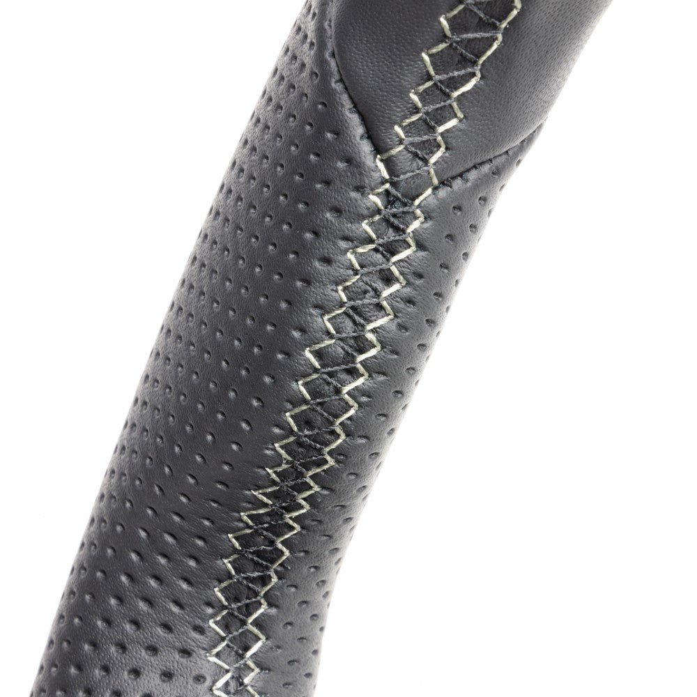 REAL ORIGINAL SERIES SMALL DIAMETER GUN GRIP D SHAPE ALL LEATHER SILVER X BLACK EURO STITCH STEERING WHEEL FOR MAZDA ROADSTER RF NDERC ND5RE ND5ERE MZC-LPB-SL