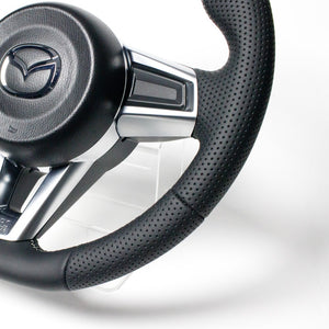 REAL ORIGINAL SERIES SMALL DIAMETER GUN GRIP D SHAPE ALL LEATHER SILVER X BLACK EURO STITCH STEERING WHEEL FOR MAZDA ROADSTER RF NDERC ND5RE ND5ERE MZC-LPB-SL