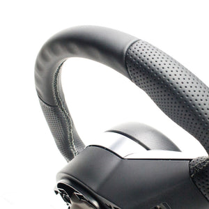 REAL ORIGINAL SERIES SMALL DIAMETER GUN GRIP D SHAPE ALL LEATHER SILVER X BLACK EURO STITCH STEERING WHEEL FOR MAZDA ROADSTER ND5RC ND5RE MZC-LPB-SL