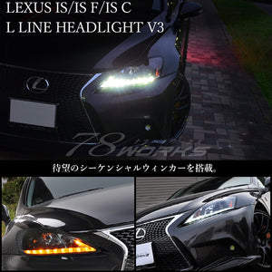 78WORKS LATE MODEL GENUINE LOOK FLOWING TURN SIGNAL L-LINE HEADLIGHT V3 BLACK FOR LEXUS 20 SERIES IS ISF ISC ZENKI S257