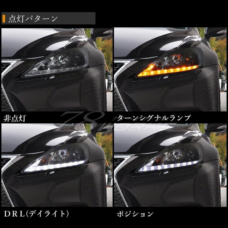 78WORKS LATE MODEL GENUINE LOOK FLOWING TURN SIGNAL L-LINE HEADLIGHT V3 BLACK FOR LEXUS 20 SERIES IS ISF ISC ZENKI S257