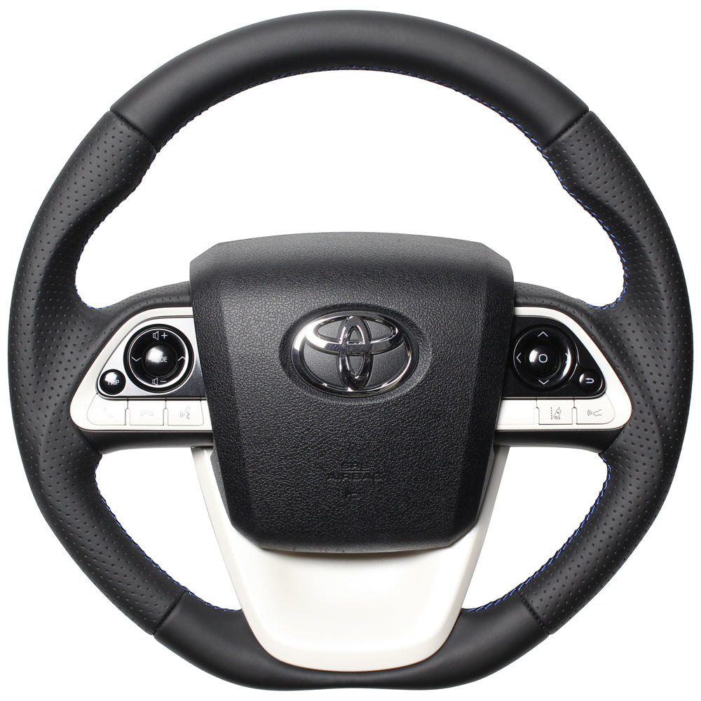 REAL PREMIUM SERIES D SHAPE BLACK NAPPA ALL LEATHER BLUE X BLACK EURO STITCH STEERING WHEEL FOR TOYOTA PRIUS 50  50P-LPB-BL