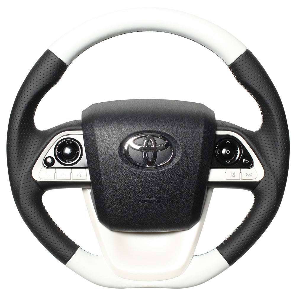 REAL PREMIUM SERIES D SHAPE WHITE & BLACK NAPPA ALL LEATHER WHITE X BLACK EURO STITCH STEERING WHEEL FOR TOYOTA PRIUS PHV 50  50P-LPB-WH
