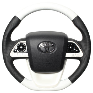 REAL PREMIUM SERIES D SHAPE WHITE & BLACK NAPPA ALL LEATHER WHITE X BLACK EURO STITCH STEERING WHEEL FOR TOYOTA PRIUS PHV 50  50P-LPB-WH