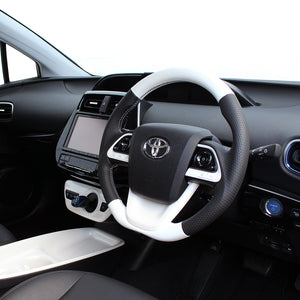REAL PREMIUM SERIES D SHAPE WHITE & BLACK NAPPA ALL LEATHER WHITE X BLACK EURO STITCH STEERING WHEEL FOR TOYOTA PRIUS PHV 50  50P-LPB-WH
