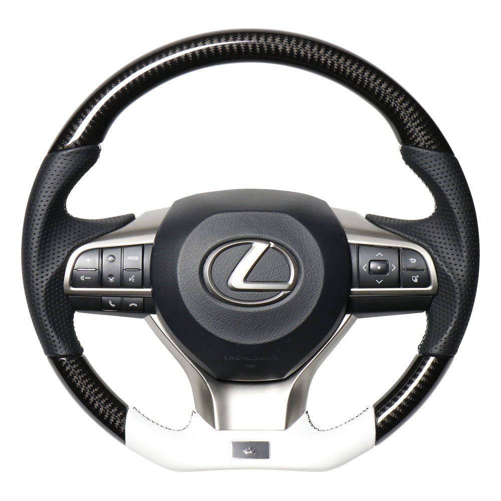 REAL LEXUS SERIES D SHAPE BLACK CARBON & WHITE LEATHER WHITE X BLACK EURO STITCH STEERING WHEEL FOR LEXUS GS 10 : KOUKI  LXA-BKC-WH