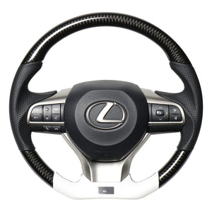 REAL LEXUS SERIES D SHAPE BLACK CARBON & WHITE LEATHER WHITE X BLACK EURO STITCH STEERING WHEEL FOR LEXUS LX URJ201W  LXA-BKC-WH