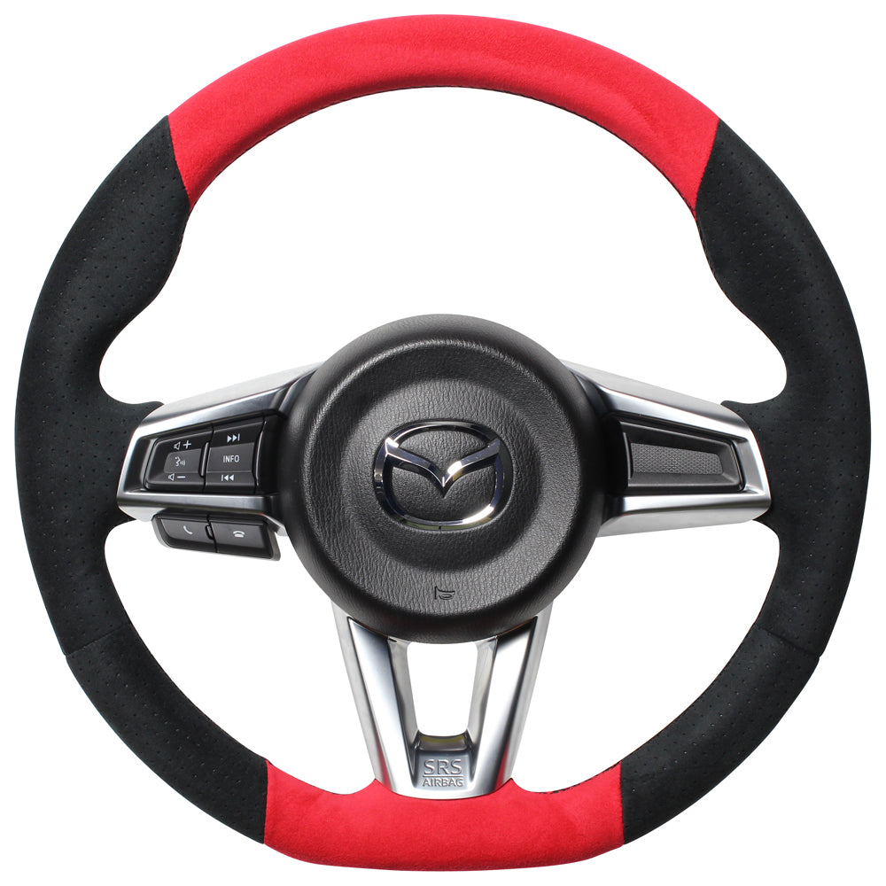 REAL ORIGINAL SERIES GUN GRIP SMALL DIAMETER D SHAPE RED & BLACK ULTRA SUEDE BLACK EURO STITCH STEERING WHEEL FOR MAZDA ROADSTER ND5RC  MZC-ALC-BK