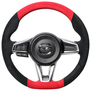 REAL ORIGINAL SERIES GUN GRIP SMALL DIAMETER D SHAPE RED & BLACK ULTRA SUEDE BLACK EURO STITCH STEERING WHEEL FOR MAZDA ROADSTER RF NDERC  MZC-ALC-BK