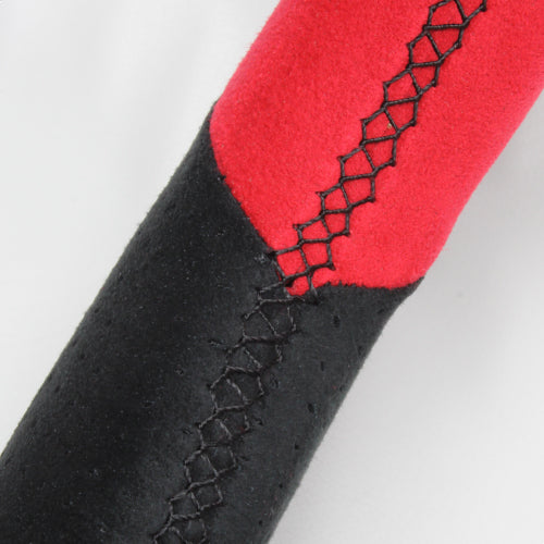 REAL ORIGINAL SERIES GUN GRIP SMALL DIAMETER D SHAPE RED & BLACK ULTRA SUEDE BLACK EURO STITCH STEERING WHEEL FOR MAZDA ROADSTER RF NDERC  MZC-ALC-BK