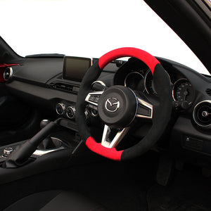 REAL ORIGINAL SERIES GUN GRIP SMALL DIAMETER D SHAPE RED & BLACK ULTRA SUEDE BLACK EURO STITCH STEERING WHEEL FOR MAZDA ROADSTER RF NDERC  MZC-ALC-BK