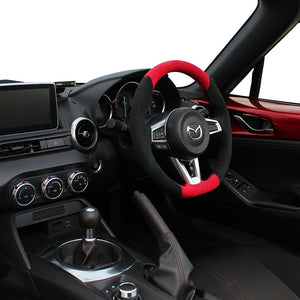 REAL ORIGINAL SERIES GUN GRIP SMALL DIAMETER D SHAPE RED & BLACK ULTRA SUEDE BLACK EURO STITCH STEERING WHEEL FOR MAZDA ROADSTER ND5RC  MZC-ALC-BK