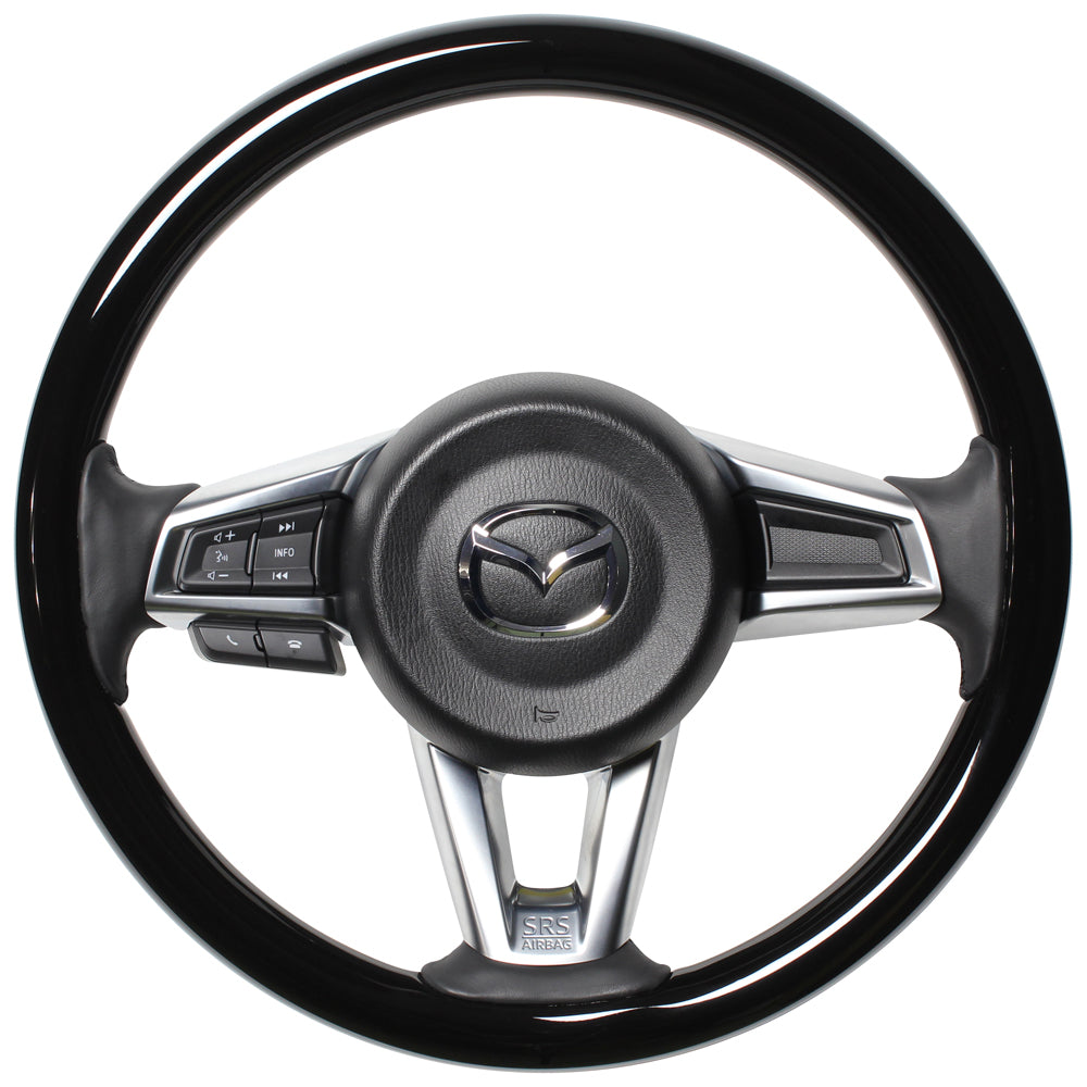 REAL ORIGINAL SERIES ALL WOOD ROUND SHAPE PIANO BLACK BLACK EURO STITCH STEERING WHEEL FOR MAZDA ROADSTER RF NDERC  MZCW-PBW-BK