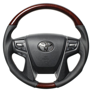 REAL PREMIUM SERIES ROUND SHAPE 56 BROWN WOOD BLACK EURO STITCH STEERING WHEEL FOR TOYOTA ALPHARD 30  H30P-BRW-BK