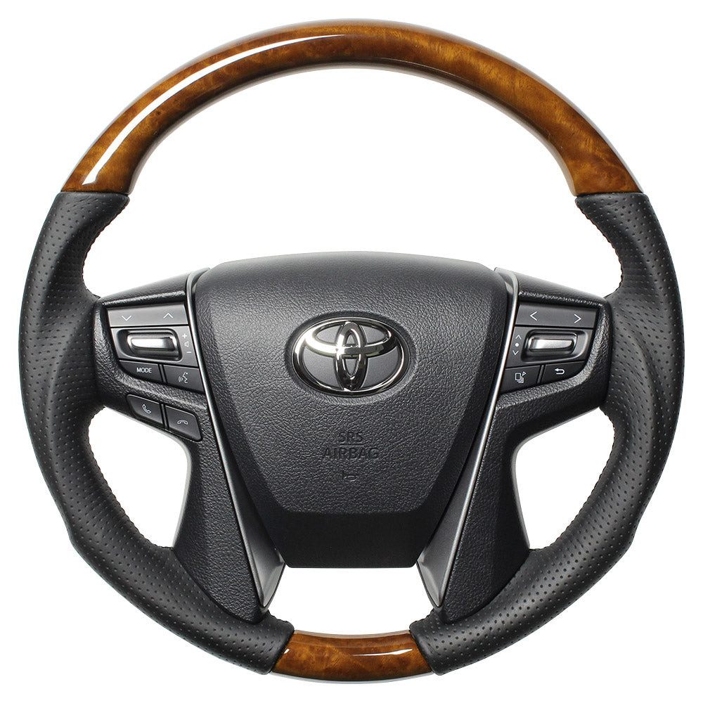 REAL PREMIUM SERIES ROUND SHAPE 42 BROWN WOOD BLACK EURO STITCH STEERING WHEEL FOR TOYOTA ALPHARD 30  H30P-LBW-BK