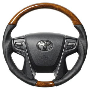 REAL PREMIUM SERIES ROUND SHAPE 42 BROWN WOOD BLACK EURO STITCH STEERING WHEEL FOR TOYOTA LAND CRUISER 200 : KOUKI  H30P-LBW-BK