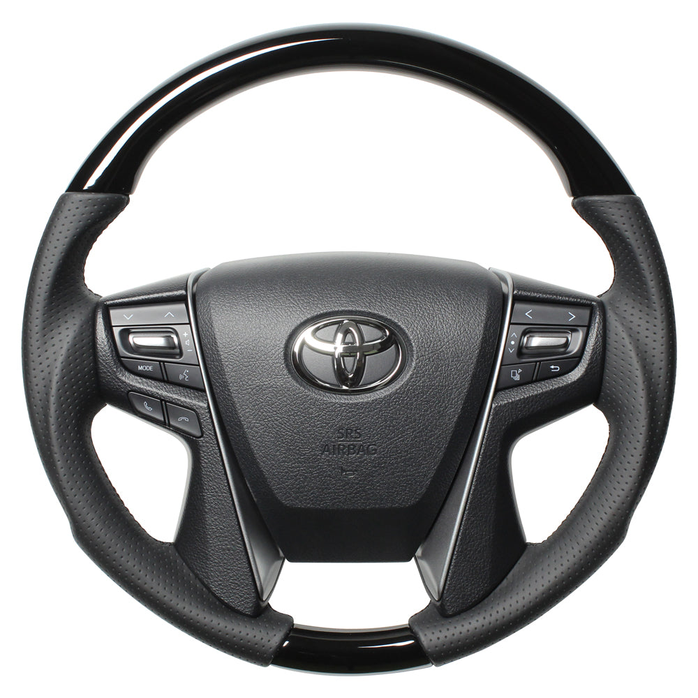 REAL PREMIUM SERIES ROUND SHAPE PIANO BLACK BLACK EURO STITCH STEERING WHEEL FOR TOYOTA VELLFIRE 30  H30P-PBW-BK