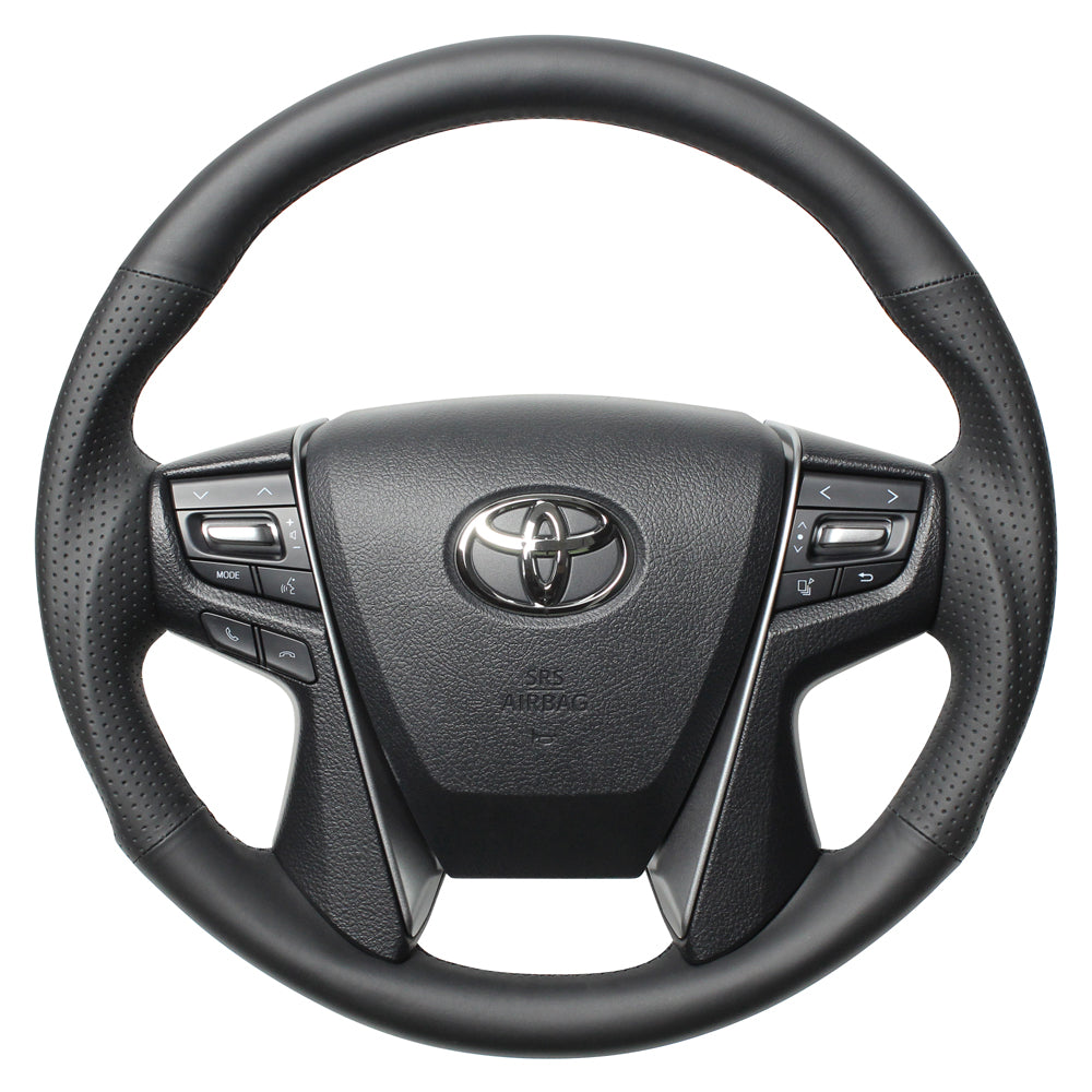 REAL PREMIUM SERIES ROUND SHAPE NAPPA ALL LEATHER BLACK EURO STITCH STEERING WHEEL FOR TOYOTA CROWN ROYAL 210  H30P-LPB-BK