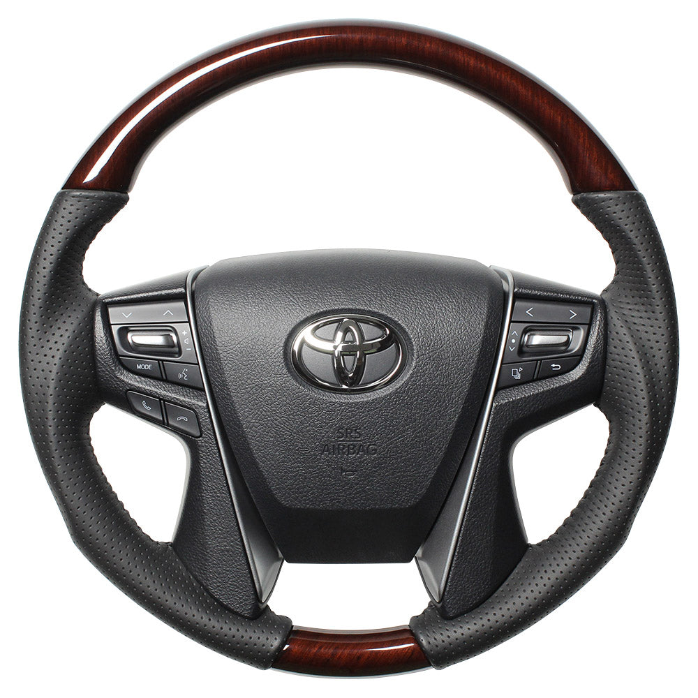 REAL ORIGINAL SERIES ROUND SHAPE 56 BROWN WOOD BLACK STITCH STEERING WHEEL FOR TOYOTA CROWN ROYAL 210  H30-BRW-BK