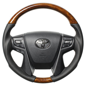 REAL ORIGINAL SERIES ROUND SHAPE 42 BROWN WOOD BLACK STITCH STEERING WHEEL FOR TOYOTA VELLFIRE 30  H30-LBW-BK