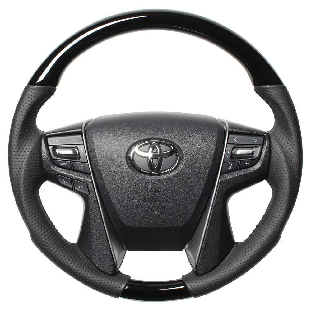 REAL ORIGINAL SERIES ROUND SHAPE PIANO BLACK BLACK STITCH STEERING WHEEL FOR TOYOTA VELLFIRE 30  H30-PBW-BK