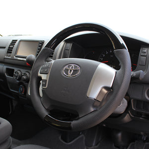 REAL ORIGINAL SERIES GUN GRIP SMALL DIAMETER ROUND SHAPE PIANO BLACK BLACK EURO STITCH STEERING WHEEL FOR TOYOTA HIACE 200 : 4 TYPE OR KOUKI  H214-PBW-BK