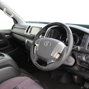 REAL ORIGINAL SERIES GUN GRIP GENUINE SAME DIAMETER ROUND SHAPE BLACK CARBON BLACK EURO STITCH STEERING WHEEL FOR TOYOTA REGIUS ACE 200 : 4 TYPE OR KOUKI  H204-BKC-BK