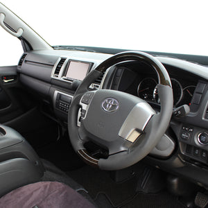 REAL ORIGINAL SERIES GUN GRIP GENUINE SAME DIAMETER ROUND SHAPE BLACK WOOD BLACK EURO STITCH STEERING WHEEL FOR TOYOTA HIACE 200 : 4 TYPE OR KOUKI  H204-BKW-BK
