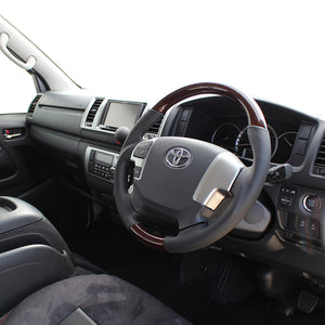 REAL ORIGINAL SERIES GUN GRIP GENUINE SAME DIAMETER ROUND SHAPE BROWN WOOD BLACK EURO STITCH STEERING WHEEL FOR TOYOTA HIACE 200 : 4 TYPE OR KOUKI  H204-BRW-BK