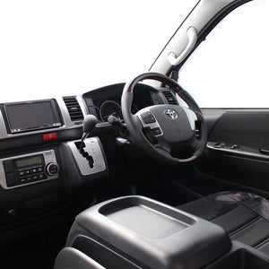 REAL ORIGINAL SERIES GUN GRIP GENUINE SAME DIAMETER ROUND SHAPE BROWN WOOD BLACK EURO STITCH STEERING WHEEL FOR TOYOTA HIACE 200 : 4 TYPE OR KOUKI  H204-BRW-BK