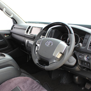 REAL ORIGINAL SERIES GUN GRIP GENUINE SAME DIAMETER ROUND SHAPE PIANO BLACK BLACK EURO STITCH STEERING WHEEL FOR TOYOTA HIACE 200 : 4 TYPE OR KOUKI  H204-PBW-BK