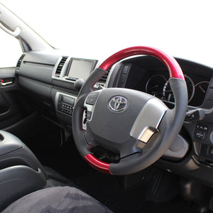REAL ORIGINAL SERIES GUN GRIP GENUINE SAME DIAMETER ROUND SHAPE PEARL RED RED X BLACK EURO STITCH STEERING WHEEL FOR TOYOTA HIACE 200 : 4 TYPE OR KOUKI  H204-RDW-RD