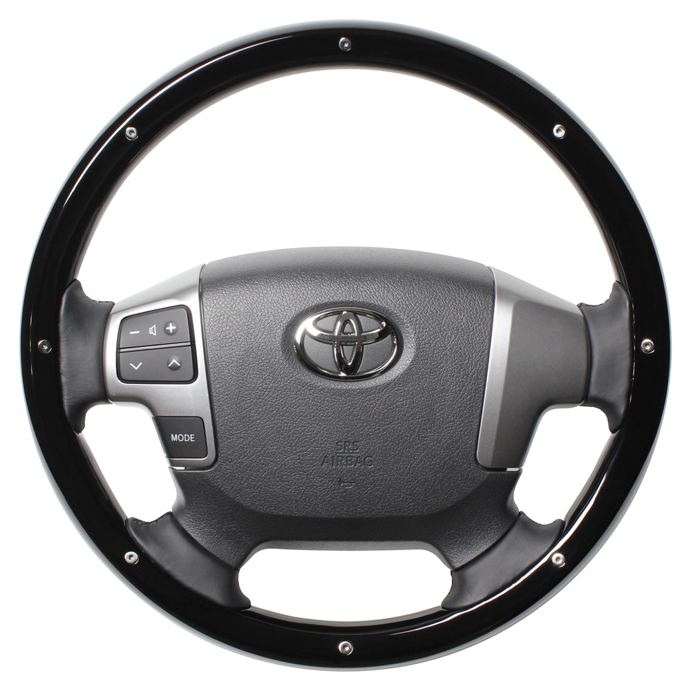 REAL ORIGINAL SERIES ALL WOOD ROUND SHAPE PIANO BLACK STUDS BLACK EURO STITCH STEERING WHEEL FOR TOYOTA REGIUS ACE 200 : 4 TYPE OR KOUKI  J200-PBWM-BK