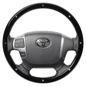 REAL ORIGINAL SERIES ALL WOOD ROUND SHAPE PIANO BLACK STUDS BLACK EURO STITCH STEERING WHEEL FOR TOYOTA REGIUS ACE 200 : 4 TYPE OR KOUKI  J200-PBWM-BK