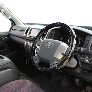 REAL ORIGINAL SERIES ALL WOOD ROUND SHAPE PIANO BLACK STUDS BLACK EURO STITCH STEERING WHEEL FOR TOYOTA REGIUS ACE 200 : 4 TYPE OR KOUKI  J200-PBWM-BK