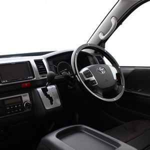 REAL ORIGINAL SERIES ALL WOOD ROUND SHAPE PIANO BLACK STUDS BLACK EURO STITCH STEERING WHEEL FOR TOYOTA HIACE 200 : 4 TYPE OR KOUKI  J200-PBWM-BK