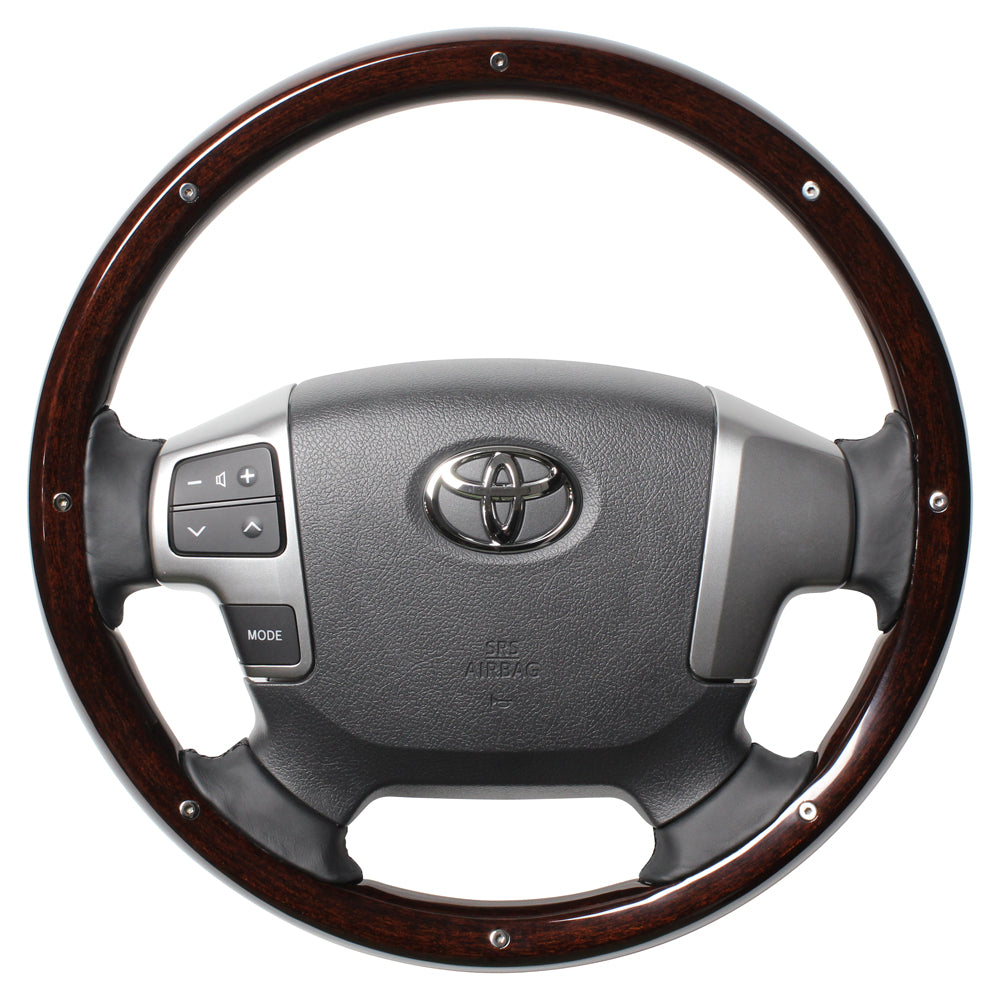 REAL ORIGINAL SERIES ALL WOOD ROUND SHAPE DARK BROWN WOOD STUDS BLACK EURO STITCH STEERING WHEEL FOR TOYOTA REGIUS ACE 200 : 4 TYPE OR KOUKI  J200-BRWM-BK