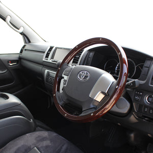 REAL ORIGINAL SERIES ALL WOOD ROUND SHAPE DARK BROWN WOOD STUDS BLACK EURO STITCH STEERING WHEEL FOR TOYOTA REGIUS ACE 200 : 4 TYPE OR KOUKI  J200-BRWM-BK