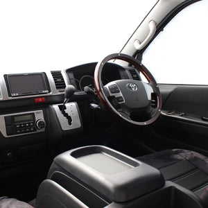 REAL ORIGINAL SERIES ALL WOOD ROUND SHAPE DARK BROWN WOOD STUDS BLACK EURO STITCH STEERING WHEEL FOR TOYOTA REGIUS ACE 200 : 4 TYPE OR KOUKI  J200-BRWM-BK