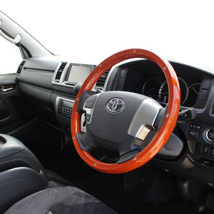 REAL ORIGINAL SERIES ALL WOOD ROUND SHAPE LIGHT BROWN WOOD STUDS BLACK EURO STITCH STEERING WHEEL FOR TOYOTA HIACE 200 : 4 TYPE OR KOUKI  J200-LBWM-BK