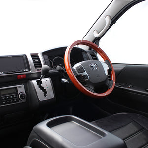 REAL ORIGINAL SERIES ALL WOOD ROUND SHAPE LIGHT BROWN WOOD STUDS BLACK EURO STITCH STEERING WHEEL FOR TOYOTA HIACE 200 : 4 TYPE OR KOUKI  J200-LBWM-BK