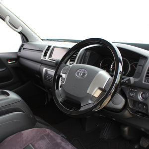 REAL ORIGINAL SERIES ALL WOOD ROUND SHAPE PIANO BLACK BLACK EURO STITCH STEERING WHEEL FOR TOYOTA HIACE 200 : 4 TYPE OR KOUKI  J200-PBW-BK