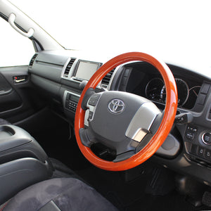 REAL ORIGINAL SERIES ALL WOOD ROUND SHAPE LIGHT BROWN WOOD BLACK EURO STITCH STEERING WHEEL FOR TOYOTA REGIUS ACE 200 : 4 TYPE OR KOUKI  J200-LBW-BK