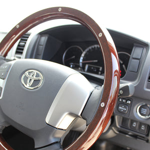 REAL ORIGINAL SERIES ALL WOOD ROUND SHAPE DARK BROWN WOOD STUDS BLACK EURO STITCH STEERING WHEEL FOR TOYOTA REGIUS ACE 200 : 4 TYPE OR KOUKI  J200-BRWM-BK