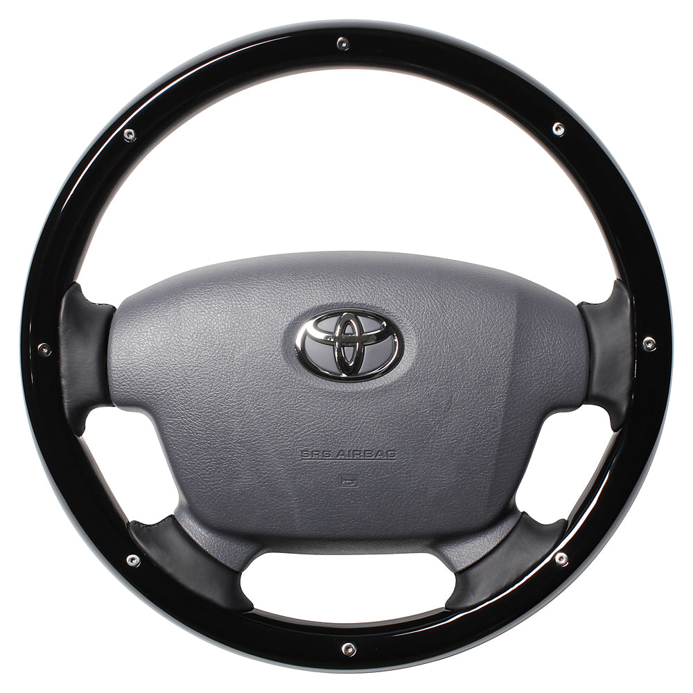 REAL ORIGINAL SERIES ROUND SHAPE PIANO BLACK STUDS BLACK EURO STITCH STEERING WHEEL FOR TOYOTA LAND CRUISER 70  J200-PBWM-BK
