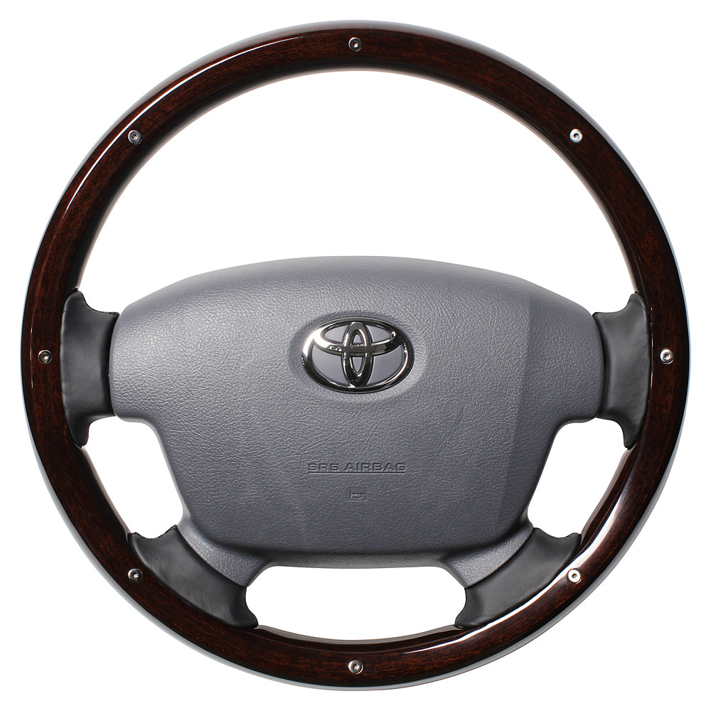 REAL ORIGINAL SERIES ROUND SHAPE DARK BROWN WOOD STUDS BLACK EURO STITCH STEERING WHEEL FOR TOYOTA LAND CRUISER 70  J200-BRWM-BK