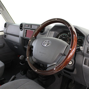 REAL ORIGINAL SERIES ROUND SHAPE DARK BROWN WOOD STUDS BLACK EURO STITCH STEERING WHEEL FOR TOYOTA LAND CRUISER 70  J200-BRWM-BK