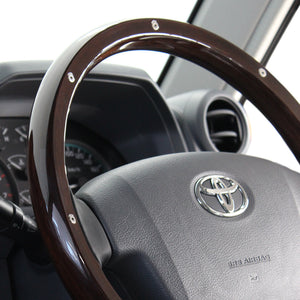 REAL ORIGINAL SERIES ROUND SHAPE DARK BROWN WOOD STUDS BLACK EURO STITCH STEERING WHEEL FOR TOYOTA LAND CRUISER 70  J200-BRWM-BK